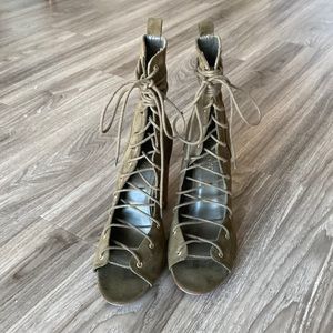 Lace-up Open toes Booties Military Olive Green Edgy Booties